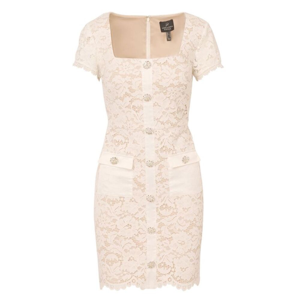 Adrianna Papell Womens Cap Sleeve Rhinestone Button Lace Short Dress 14 Ivory
